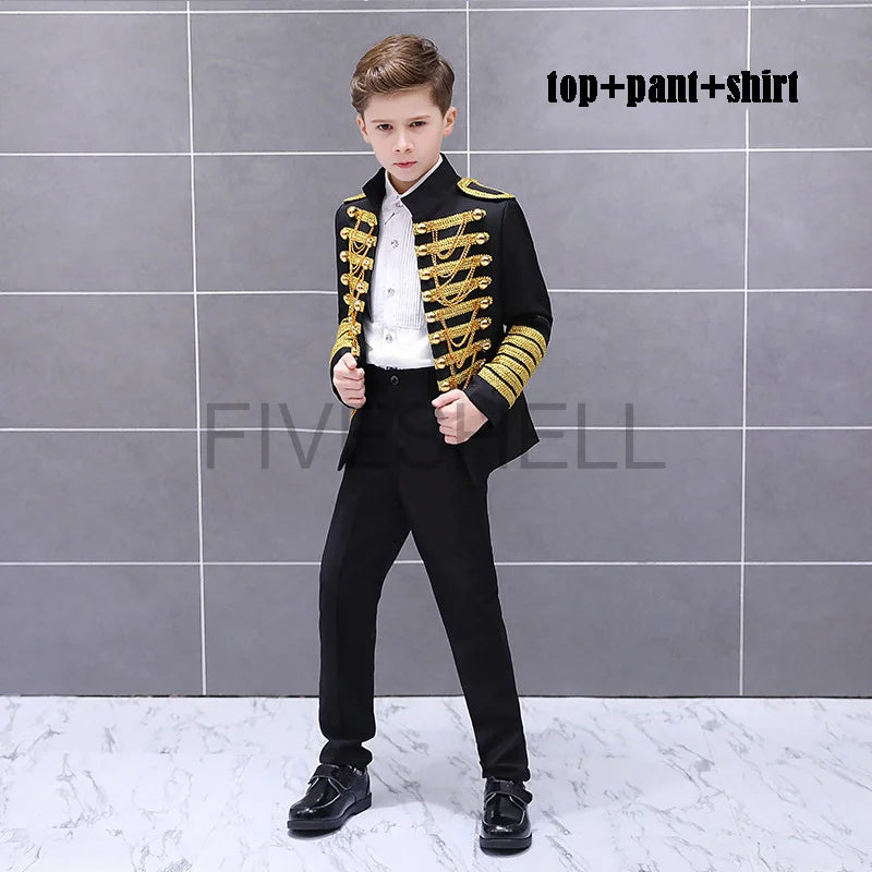 Medieval Steampunk Prince Blazer Costume Military Tassel Chains Cosplay Jacket Shoulder Pad Coat Pop Stage Dacing Tops for Kids