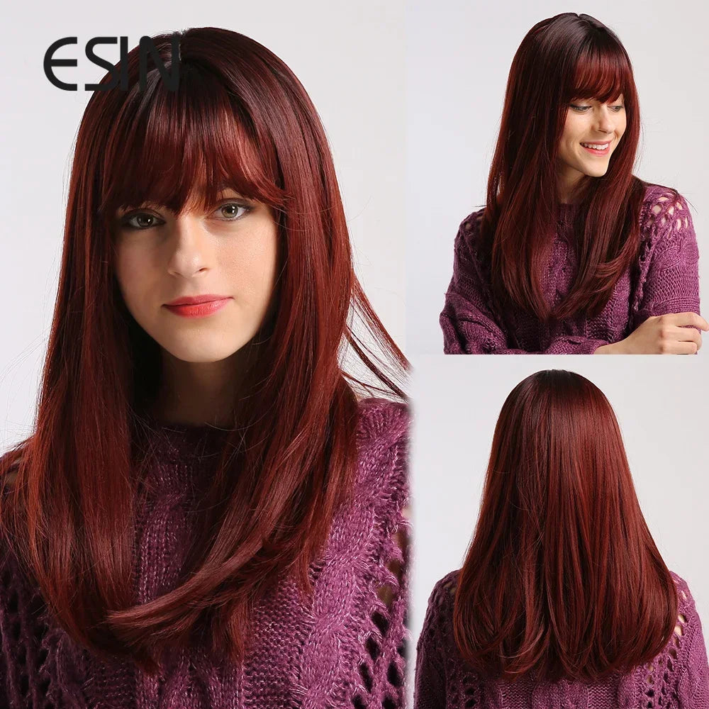 ESIN Synthetic Dark Brown Wig Long Wave Wigs for Women Hair Wig With Bangs Heat Resistant Party Daily Natural Use