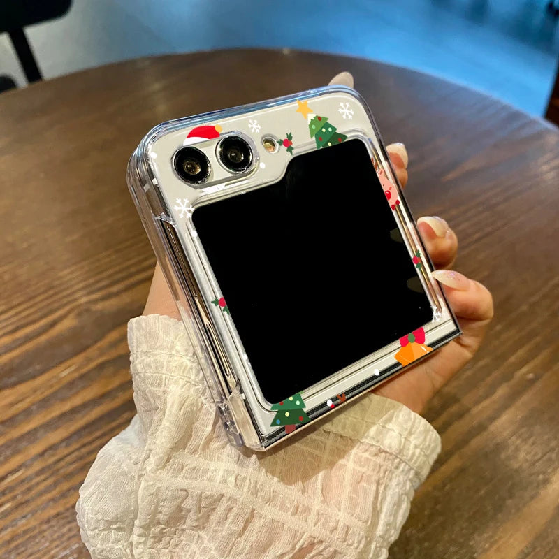 Christmas Tree Cartoon Print Clear Phone Case For Samsung Galaxy Z Flip 7 6 5 4 3 5G Folding Hard PC Cover For Samsung Z Flip5