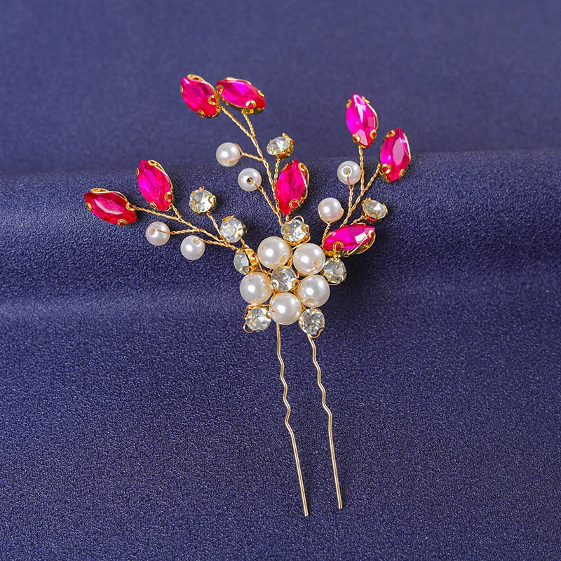 Red Trendy Crystal Hair Pin For Women Party Rhinestone Pearl Hair Clip Pin Bridal Wedding Hair Accessories Jewelry Hairpin Gift