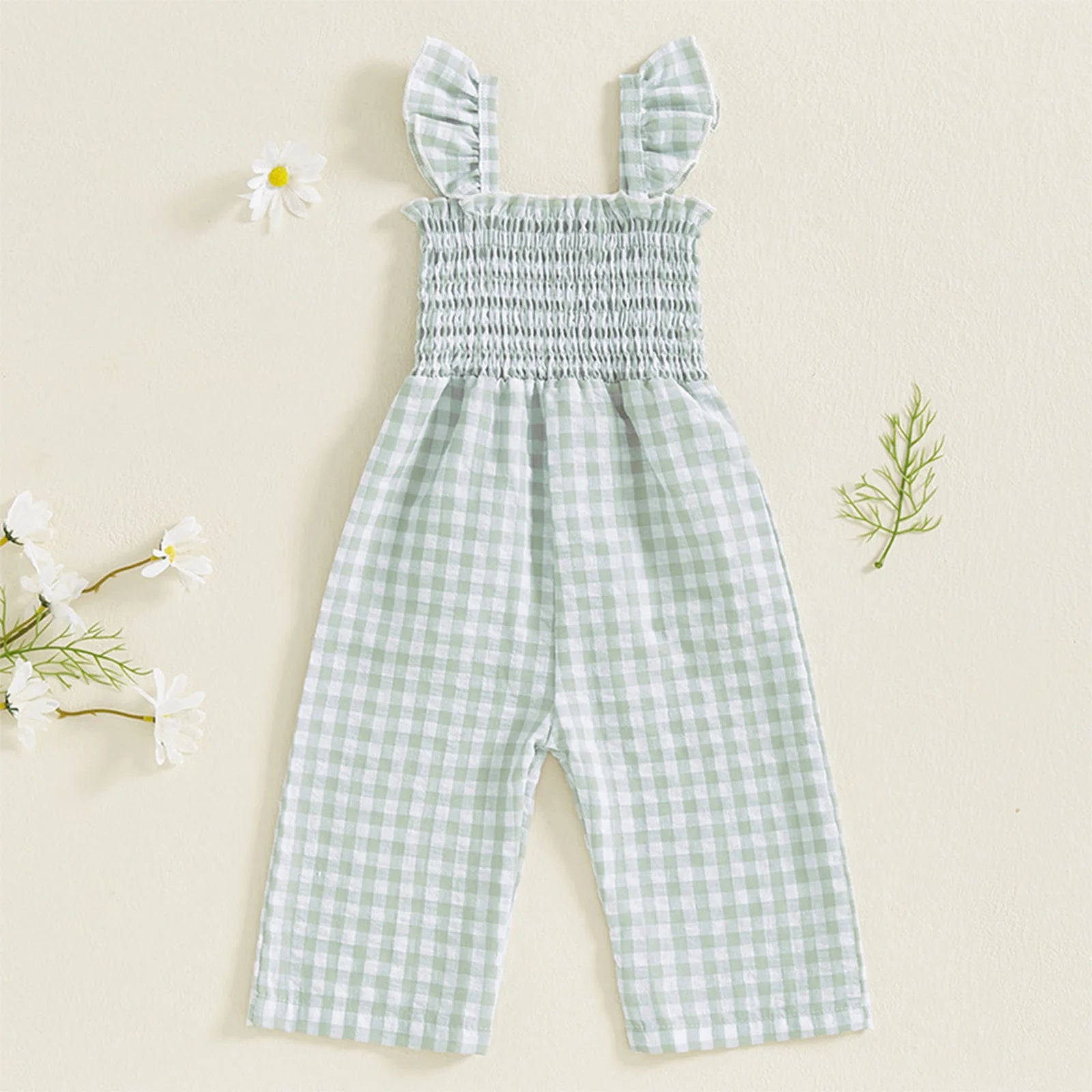 Toddler Baby Girls Summer Clothes Sweet Plaid Bodysuit Fly Sleeves Smocked Rompers Wide Leg Jumpsuit Holiday Party Daily Wear