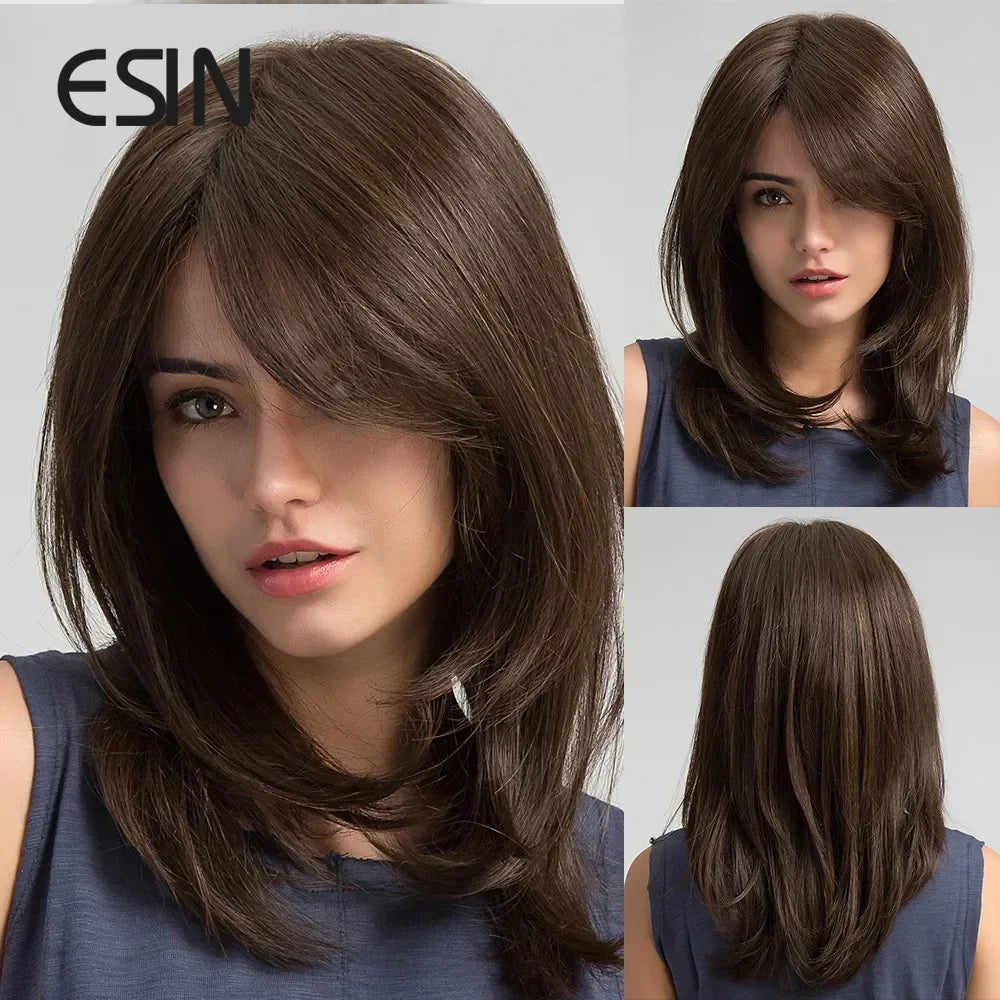 ESIN Synthetic Dark Brown Wig Long Wave Wigs for Women Hair Wig With Bangs Heat Resistant Party Daily Natural Use