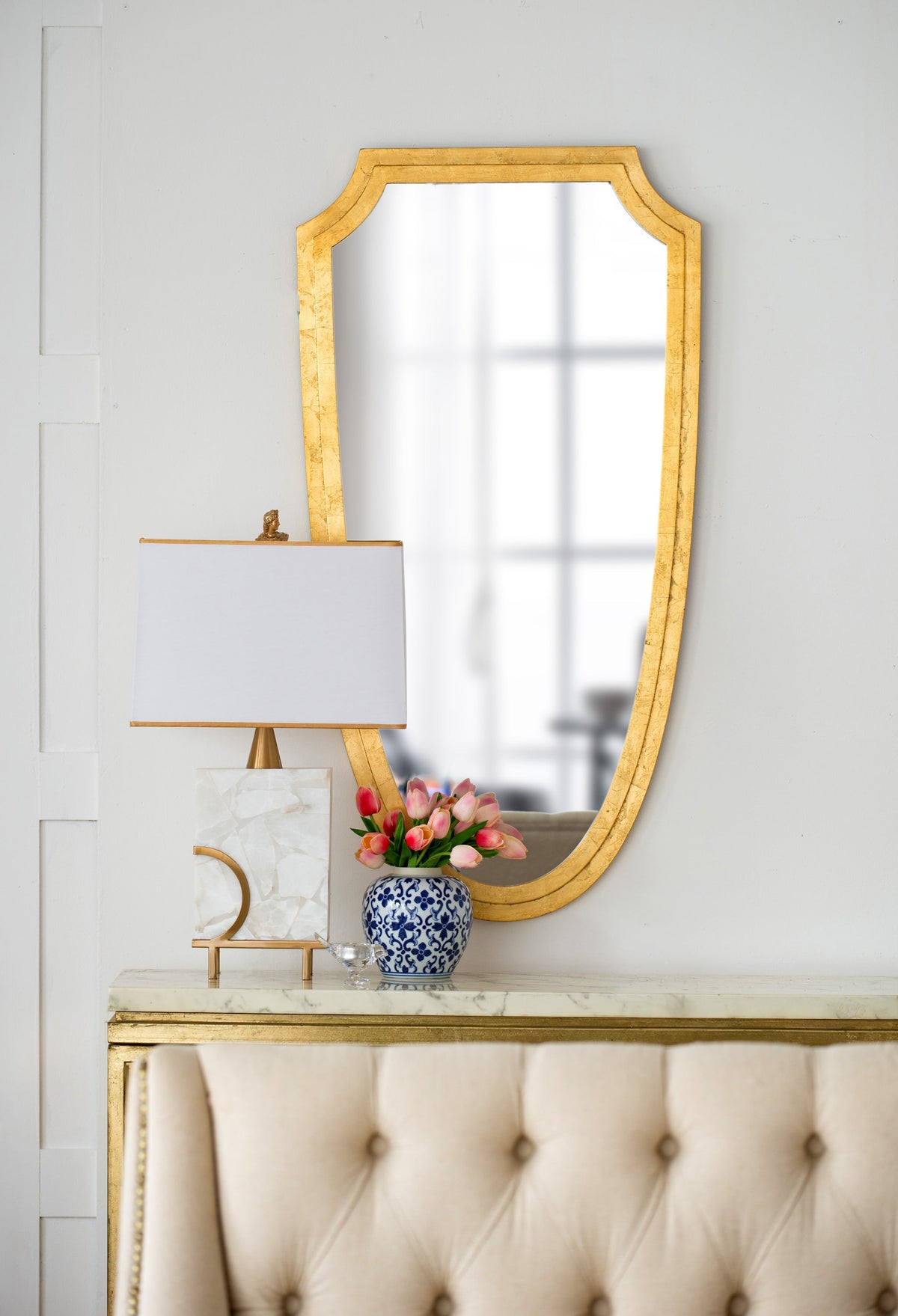 Shield-Shaped Gold Metal Frame Wall Mirror, 24 × 46 in