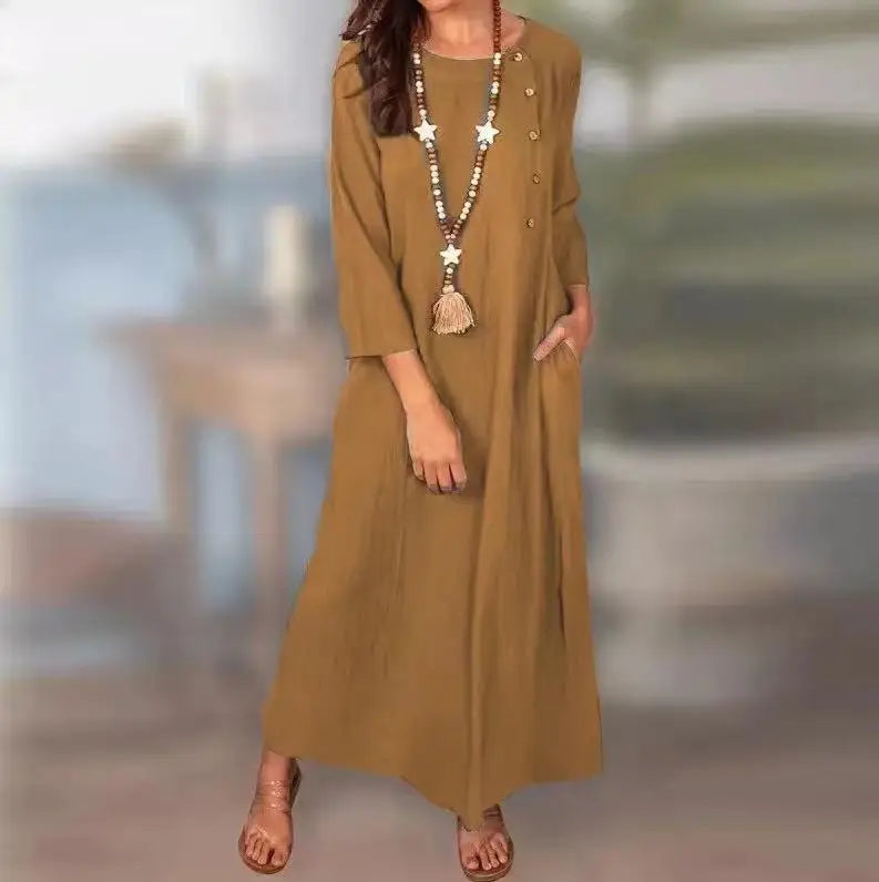 Autumn Fashion Dress Elegant Cotton Linen Women's Solid Color Long Dress Temperament Comfortable Round Neck Long Sleeve Dress
