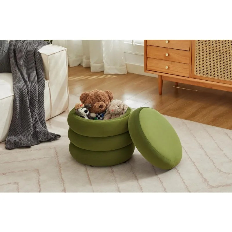 Flouki 20.1'' Storage Ottoman Round, Velvet Pouf Ottoman Foot Rest with Removable Lid, Modern Green Vanity Stool Seating