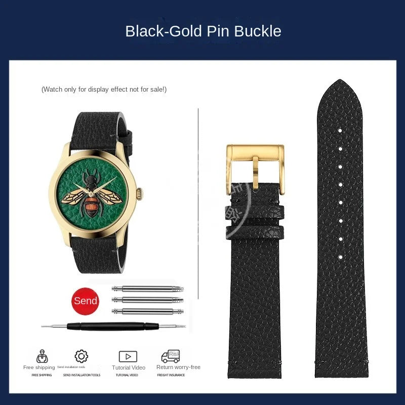watch band For GUCCI YA1264065 Little Bee Embroidered Gucci Men's and Women's Green Genuine Lea/ther Watch Strap 20mm Bracelet