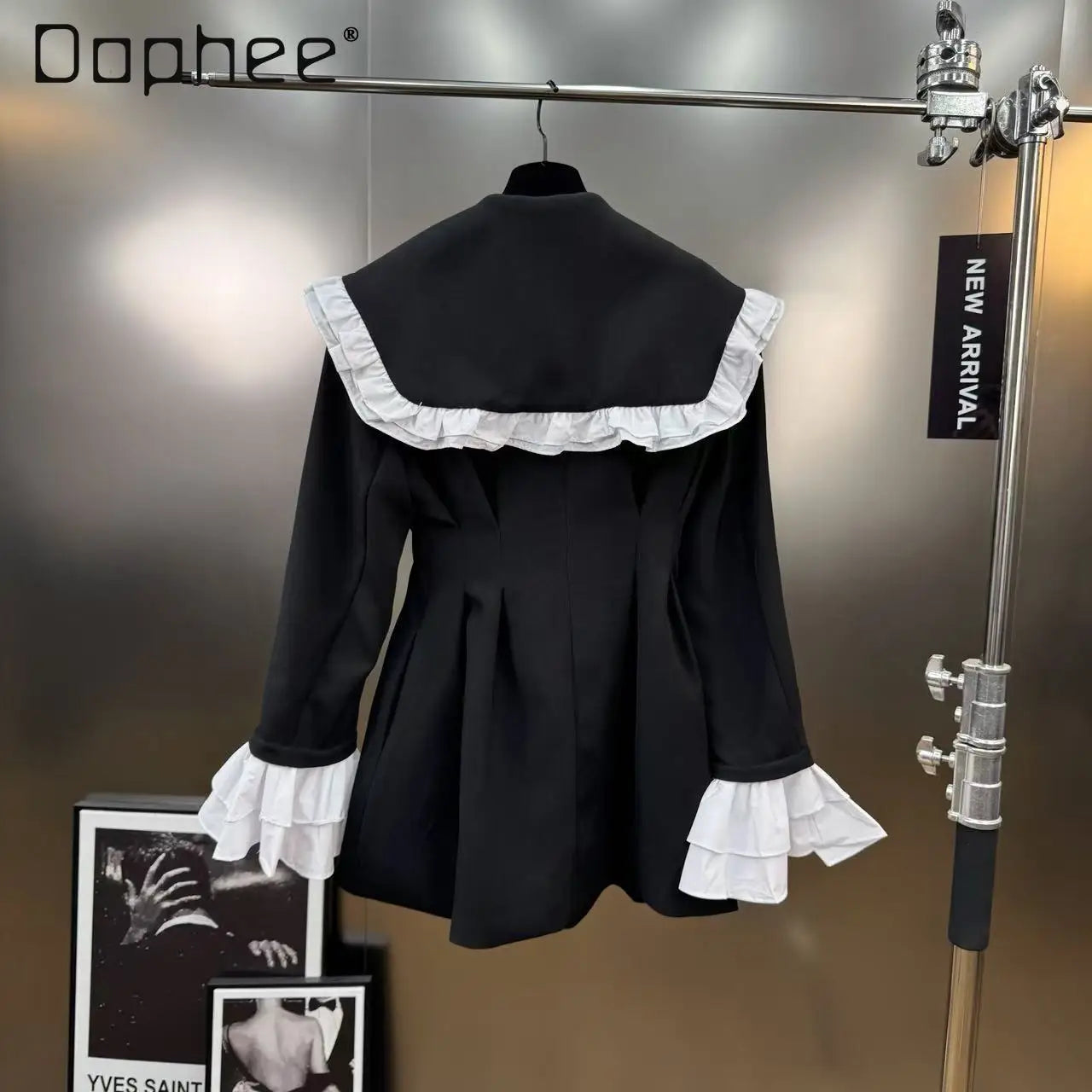 Autumn New Fashion Elegant Lapel Double-Breasted Ruffle Patchwork Blazer Women Korean Chic Trend Loose Slim Mid-Length Blazer