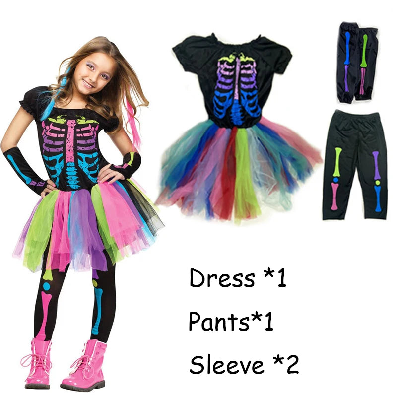 2025 Halloween Baby Girls Witch Dress+Hat+Wand+Candy Bag Costume for Kids Carnival Party Evil Witch Vestidos Set 2-12Yrs Clothes