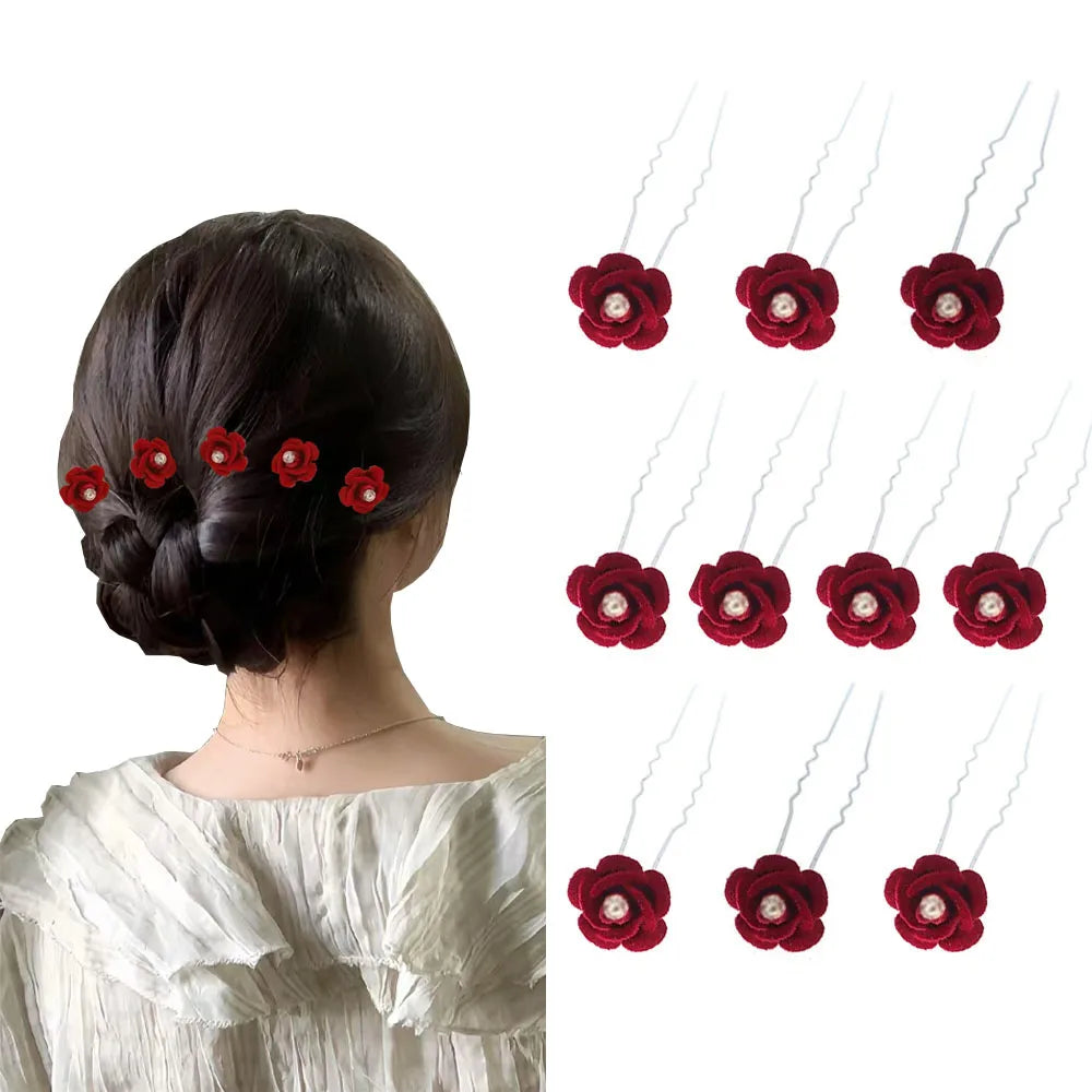 10Pcs Rose Hair Accessories Wedding Bride Hairpins Flower Hair Clips Red Velvet Clips For Women Elegant Pin Diamond Barrettes