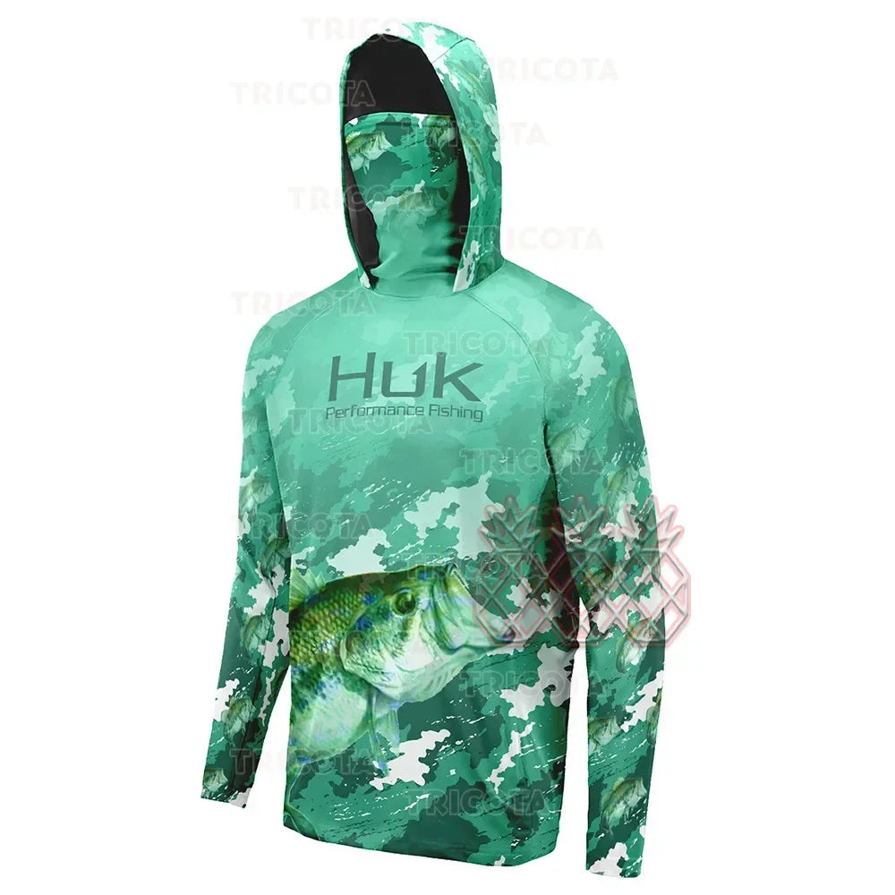 HUK Fishing Shirt Mask Outdoor Men UV Protection Fish Hoodie Clothing Long Sleeve Breathable Performance Fishing Jersey UPF 50+