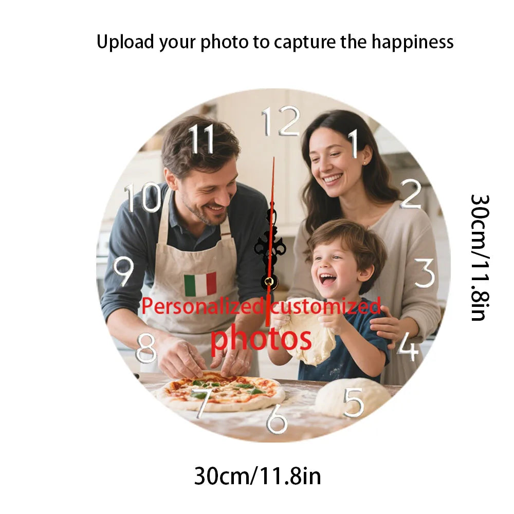 Home Decoration Wooden Personalized Round Clock Wall Clock, (Aa Battery Not Included) 11.8X 11.8inch to Upload Your Photos, Fixed Warm Moments, Quiet Round Wooden Wall Clock, Battery Powered (Battery Not Included)