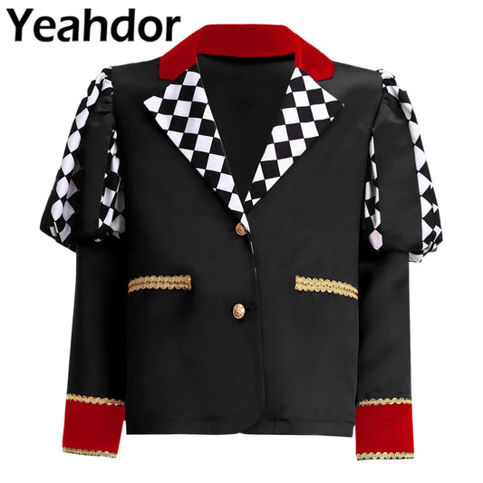 Kids Girls Queen Circus Cosplay Costumes Gold Webbing Puff Sleeve Front Buttons Halloween Carnival Themed Party Coat Outwear