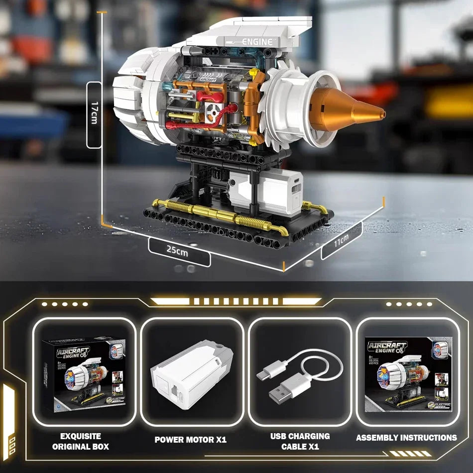 650PCS Aircraft Engine Model Building Blocks Set Technical Electrically Driven MOC Educational Toys Kids Boys Christmas Gifts