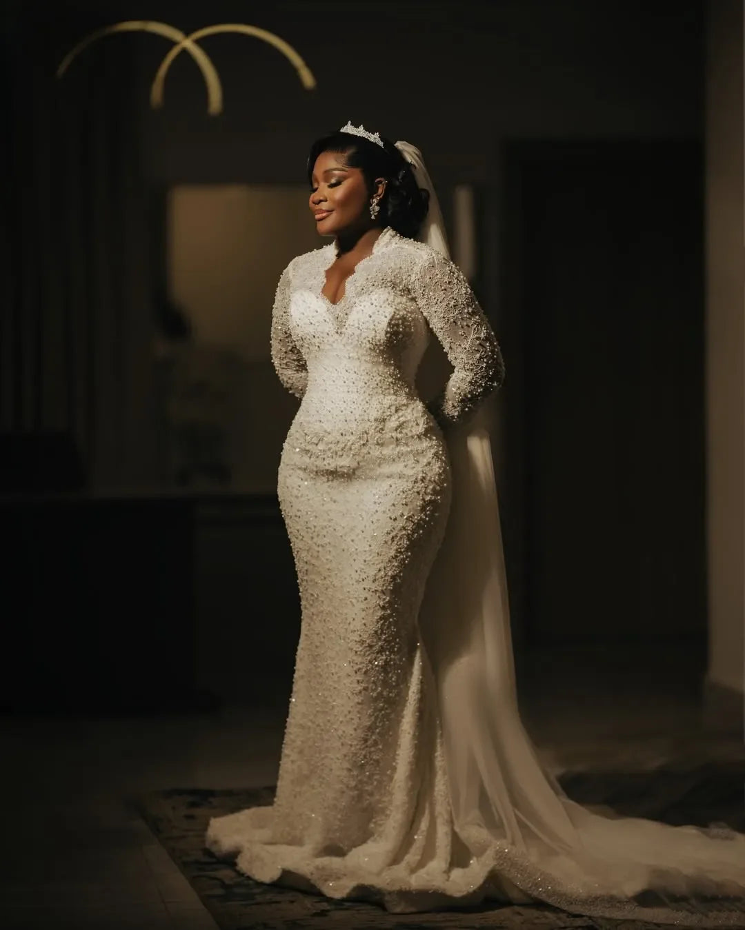 New Luxury Plus Size African Mermaid Wedding Dress Long Sleeve V Neck Lace Beaded Lace Bridal Dress Vestido De Novia Customized