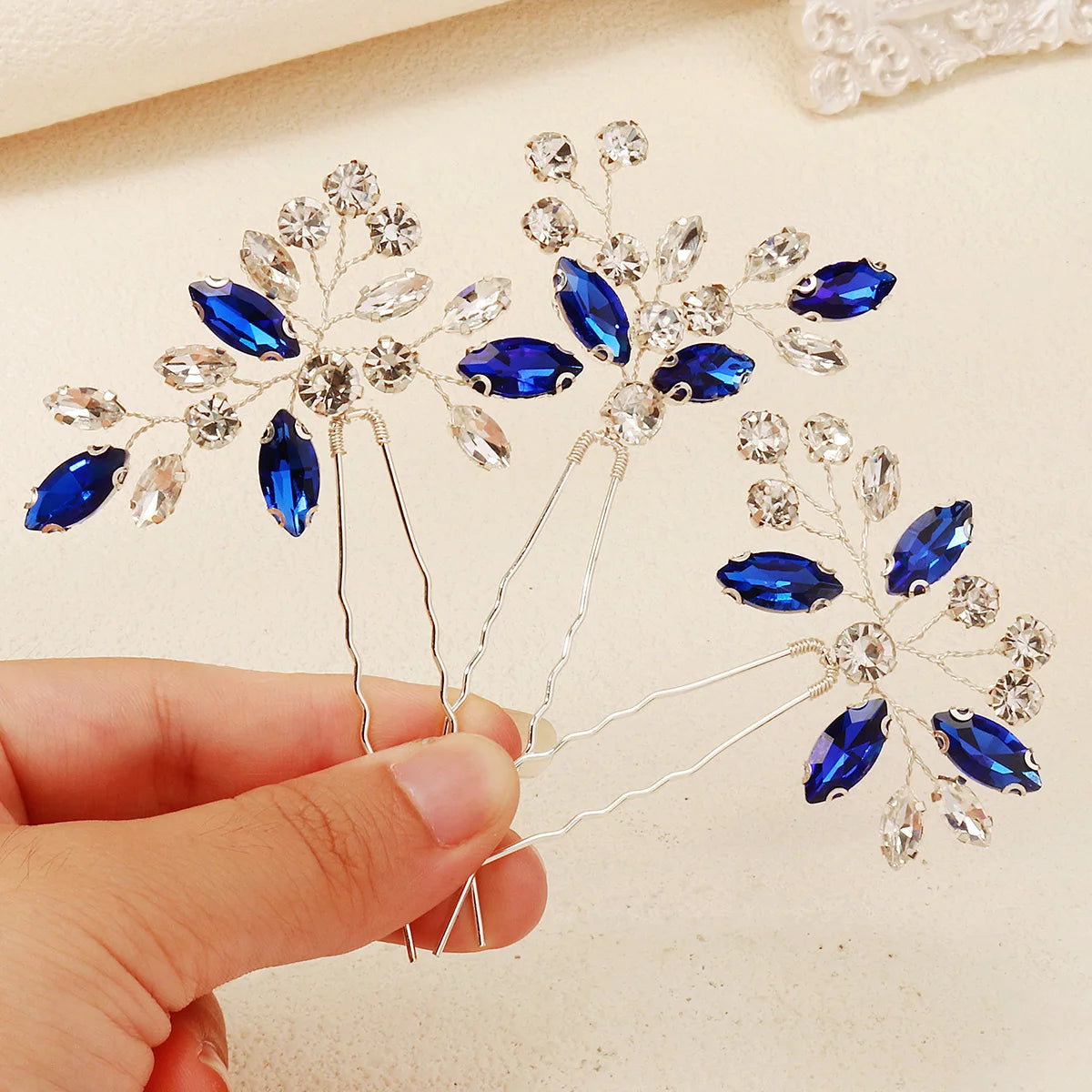 Blue Crystal Bride Elegant Hair Pins Fashion Leaves Rhinestones Hair Clips Headwear For Women Party Jewelry Hair Accessories