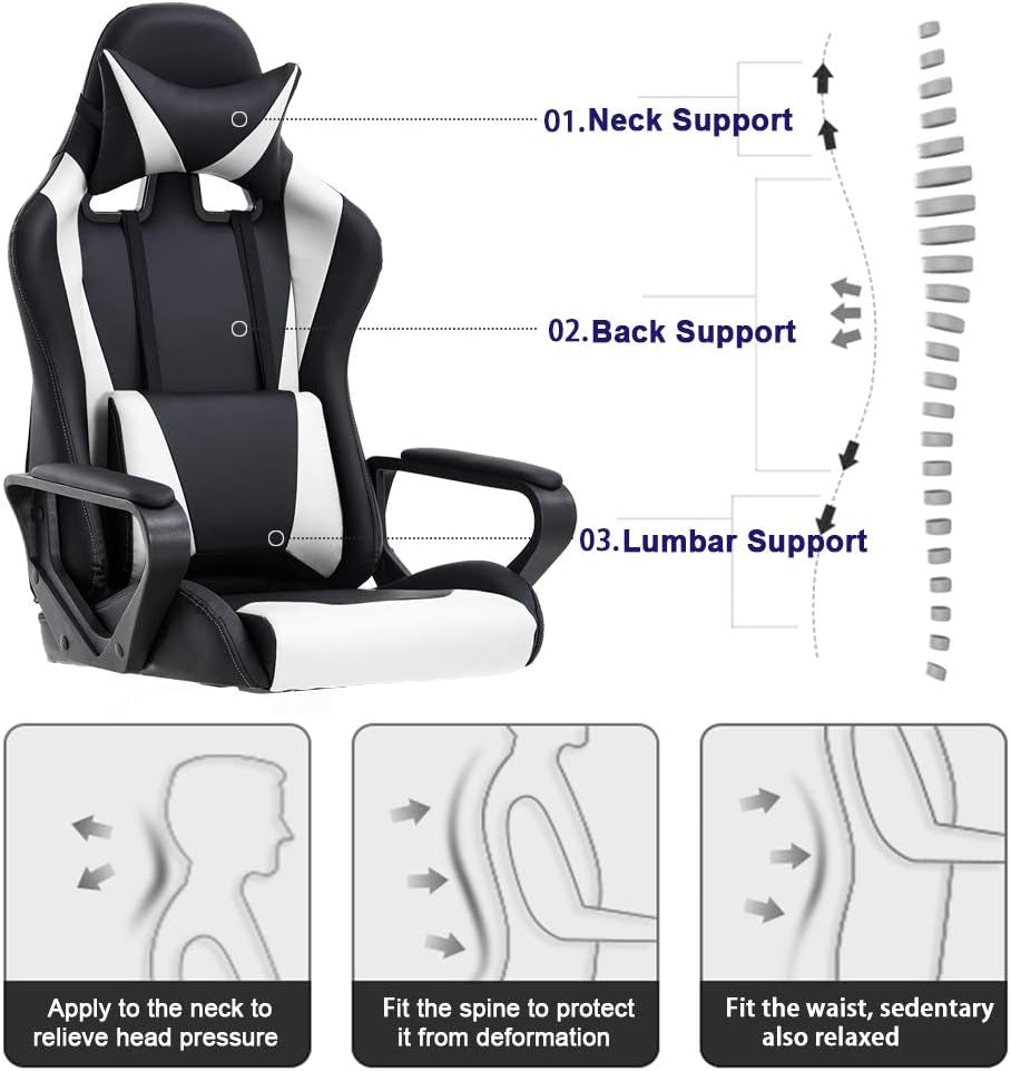 Ergonomic Gaming Chair White With Lumbar Support High Back