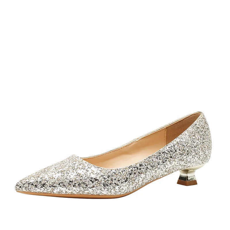Size 34-41 Red Low Heels Women's Stiletto Heel Wedding Shoes Women Pointed Toe Fashion Sexy Elegant Bride Pumps Gold