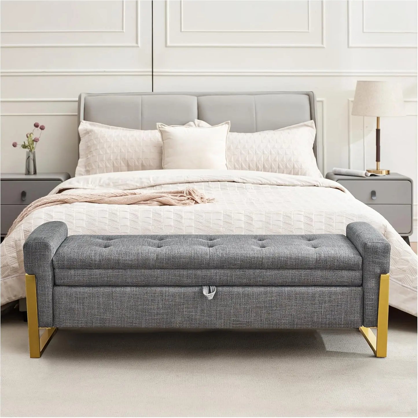 Storage Ottoman Bench, Upholstered PU Leather End of Bed Bench with Tufted Button&Gold Metal Legs for Bedroom