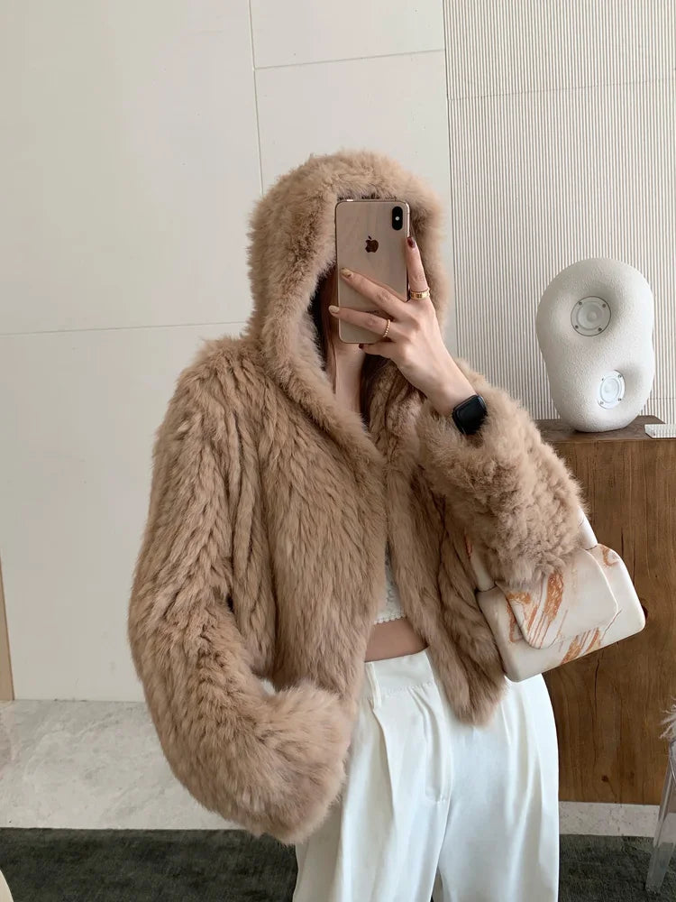 Real Fur Coat Women Korean Fashion Winter Natural Rabbit Hair Hand-Woven Hooded Jacket Female Lazy Loose Short White Ropa Mujer