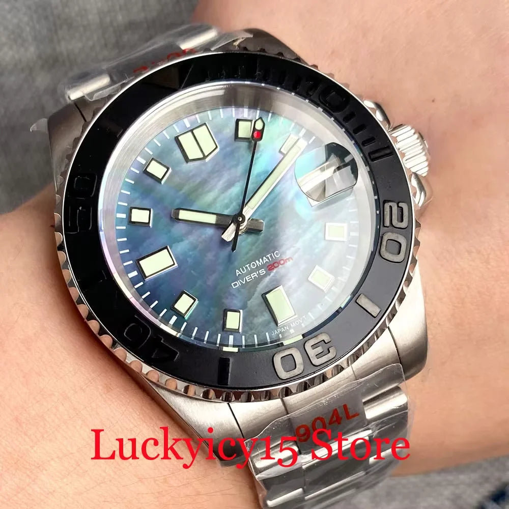 Customized NH35A Automatic Mechanical Watch Men Black Mother of Pearl Dial Luminous 200mWaterproof 40MM Brushed Case Date Cyclop