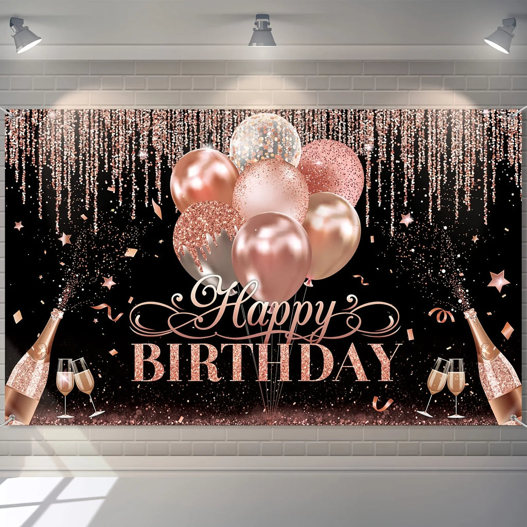 Shiny Balloon Glitter Pink Background Cloth Happy Birthday Party Baby Shower Decoration Arrangement Banner Photography Props