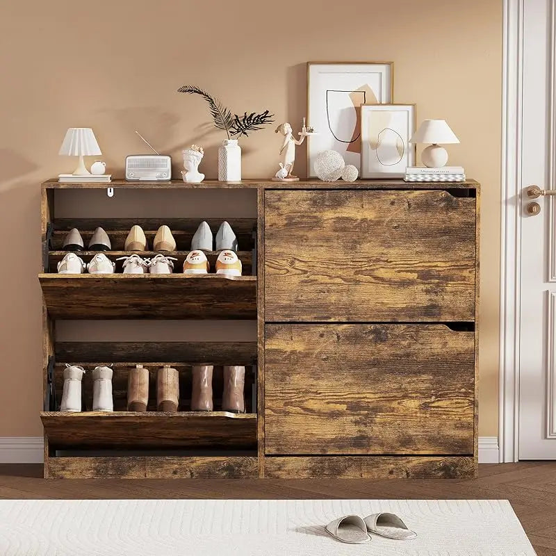 Shoe Storage Cabinet, Wood Shoe Organizer for Entryway with 3 Flip Drawers, Freestanding Shoe Rack with Adjustable Shelf, Narrow