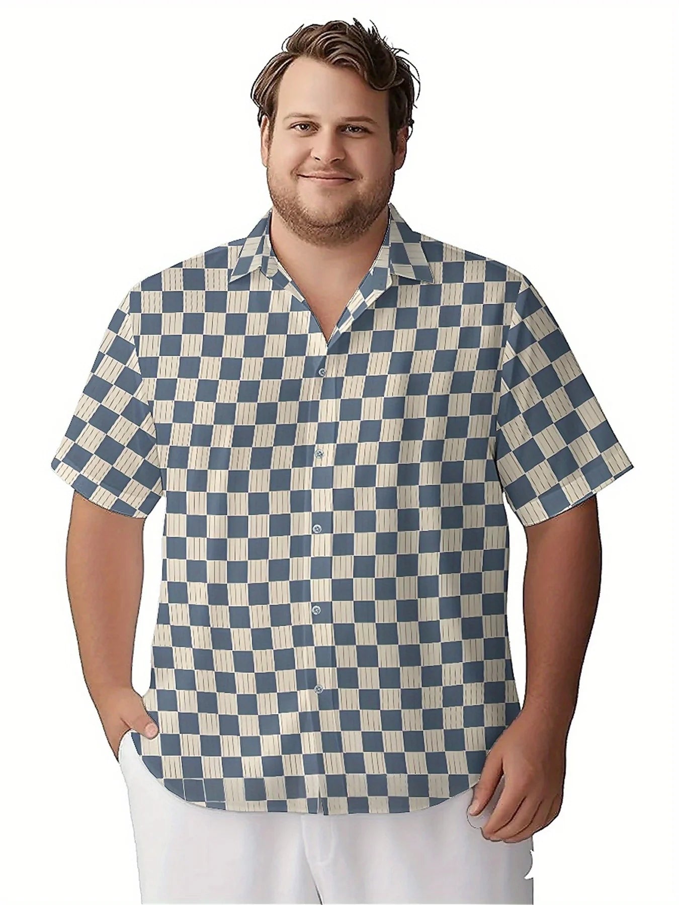 Men's Plus Size Hawaiian Shirts Blue and White Checkered Three-dimensional Pattern,summer Fashion Tops,Hip Hop Rock Streetwear