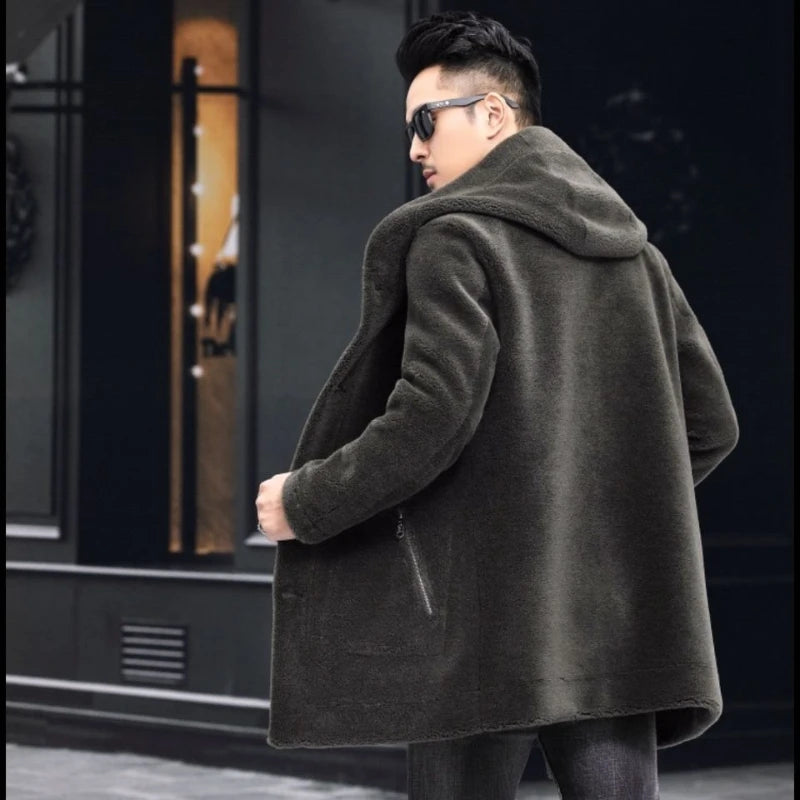 Men Winter Long Casual Thick Fleece Hooded Waterproof Jacket Male Real Fur Wool Coat  Outwear Vintage Clothing   G436