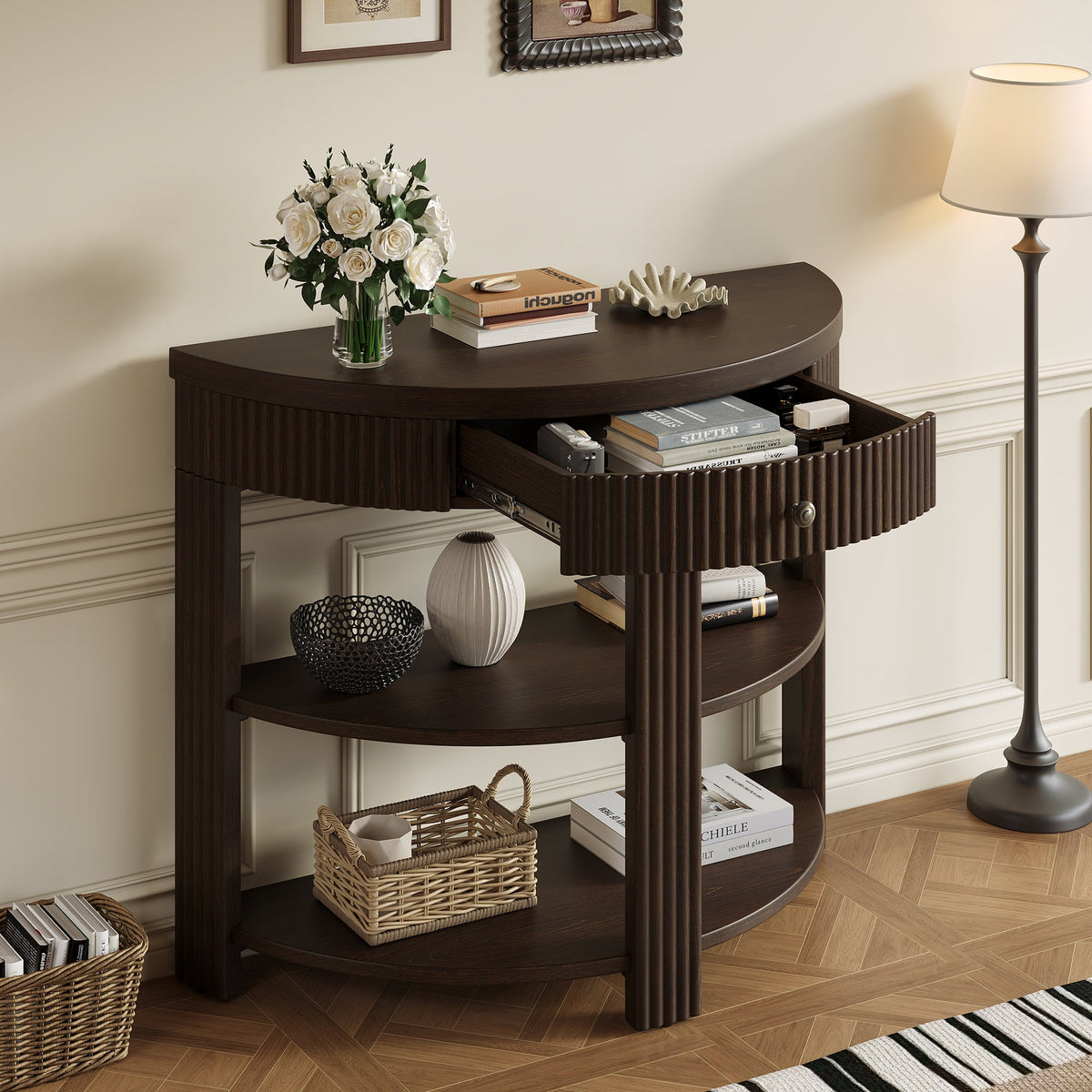 Fluted Half Moon Console Table with Drawer and 2 Shelves for Entryway,