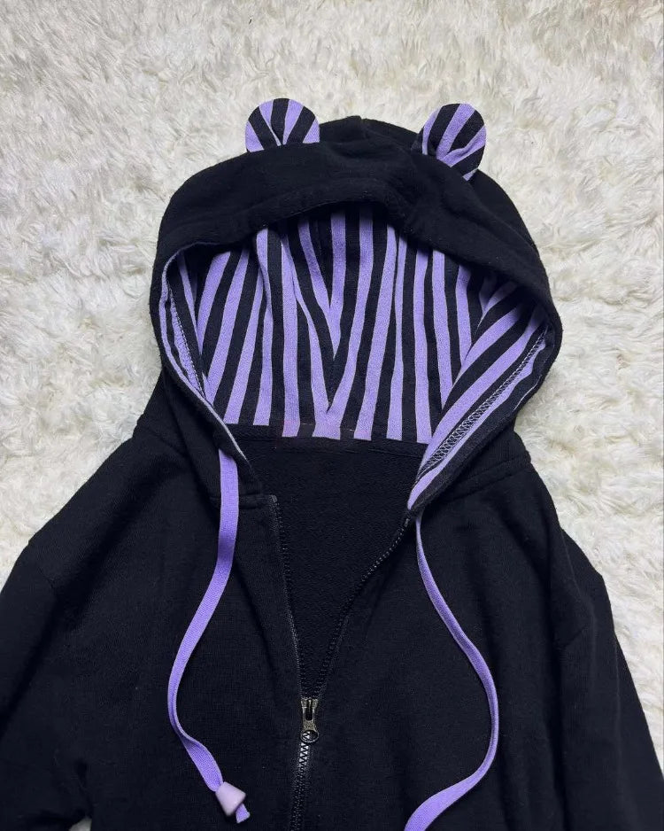 American Vintage Gothic Black Hooded Sweatshirt Autumn Winter Thin Coat Women Y2k Aesthetic Grunge Long Sleeve Jackets