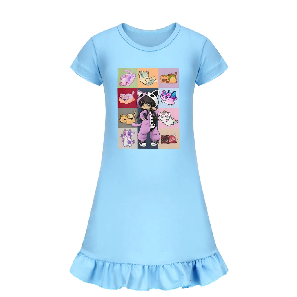 Kids Anime Aphmau Cat Summer Sleepdress Short Sleeve Baby Girls Casual Cartoon Nightgown Daily Wear Clothes for Children