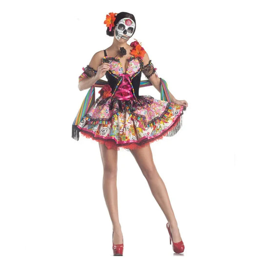 Carnival Party Halloween Mexico Day Of The Dead Women Sexy Sugar Skull Flower Fairy Ghost Bride Costume Cosplay Fancy Dress