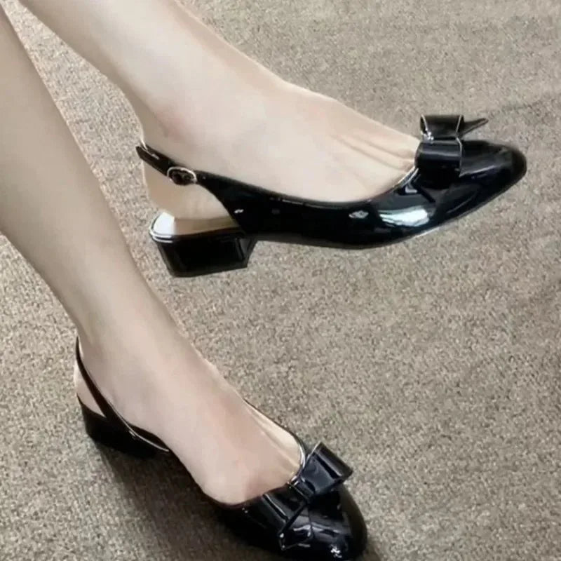 Large Size Comfort Shoes for Women 2025 Sandals Square Toe French Block Heel Single Shoes Bow 2025 New Women's High Heel Sandals