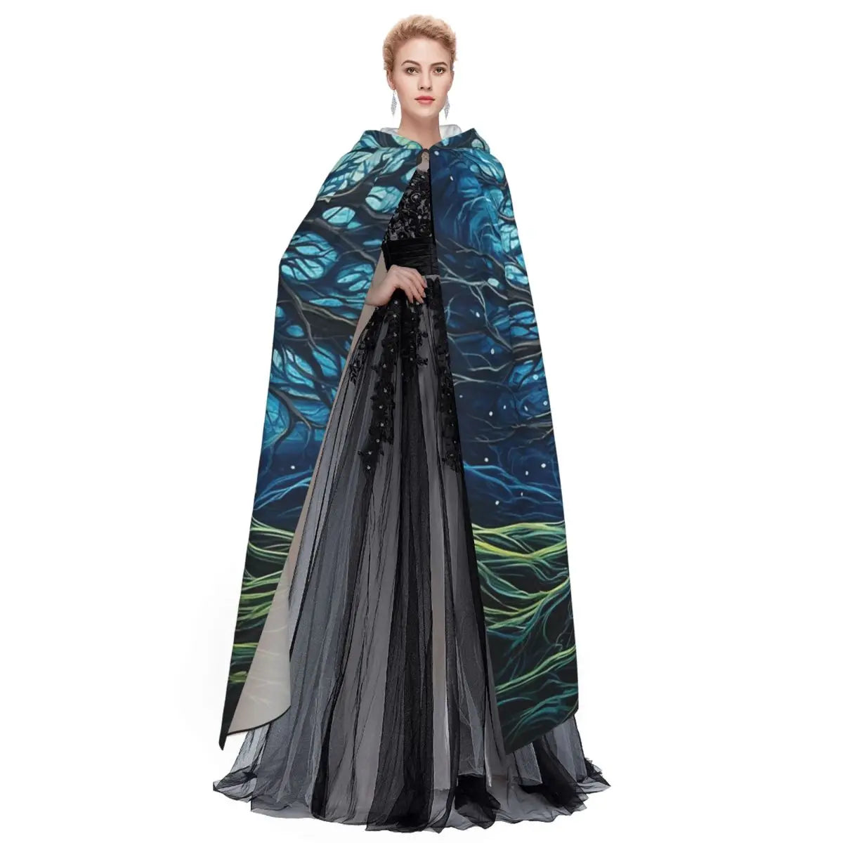 Magic Green Tree  Long Hooded Cloak Witch Medieval Costume Cosplay Cape HalloweenParty Adult Unisex