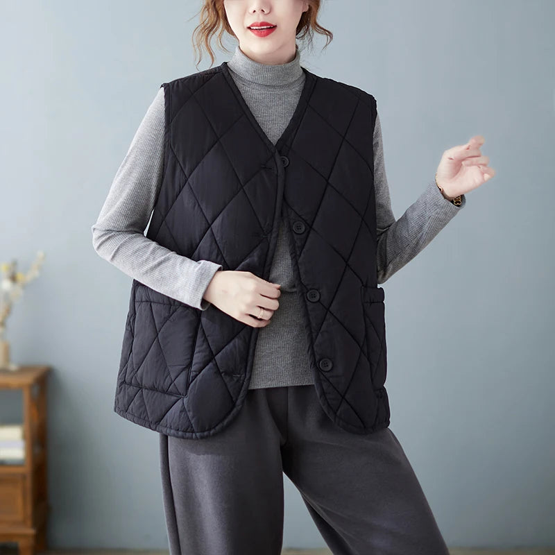 Loose V-Ne Ladies Jaet Vest Large Size Open Ba Cotton Fabric Faionable Diamond Patterned Autumn New Sle 2025