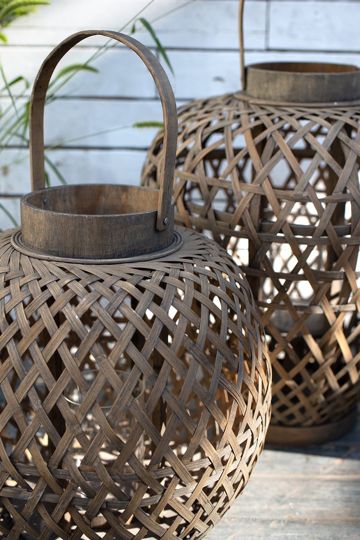 Oval Wood Lattice Candle Lantern with Glass Holder, 13.8 in Tall