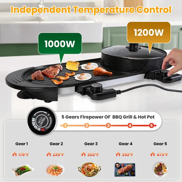 2 In 1 Electric Hot Pot With BBQ Grill Cooker 2200W Smokeless