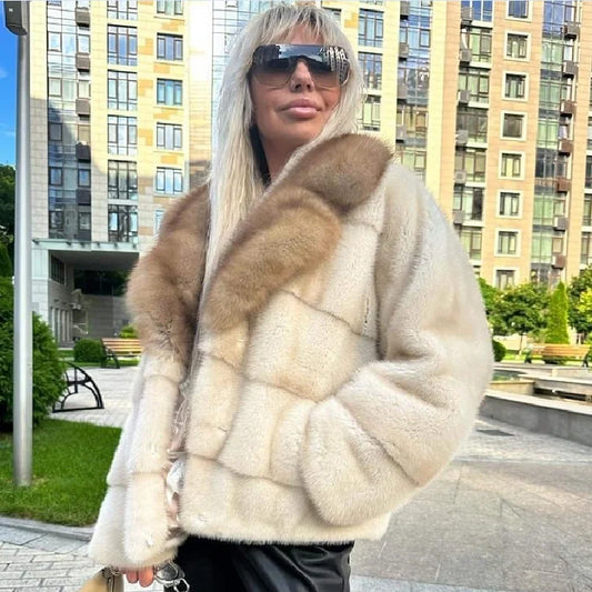 Mink Fur Jacket for Ladies, Real Mink Fur Coat, Purple Mink Fur Lapel, Warm Winter Fashion, Casual, New