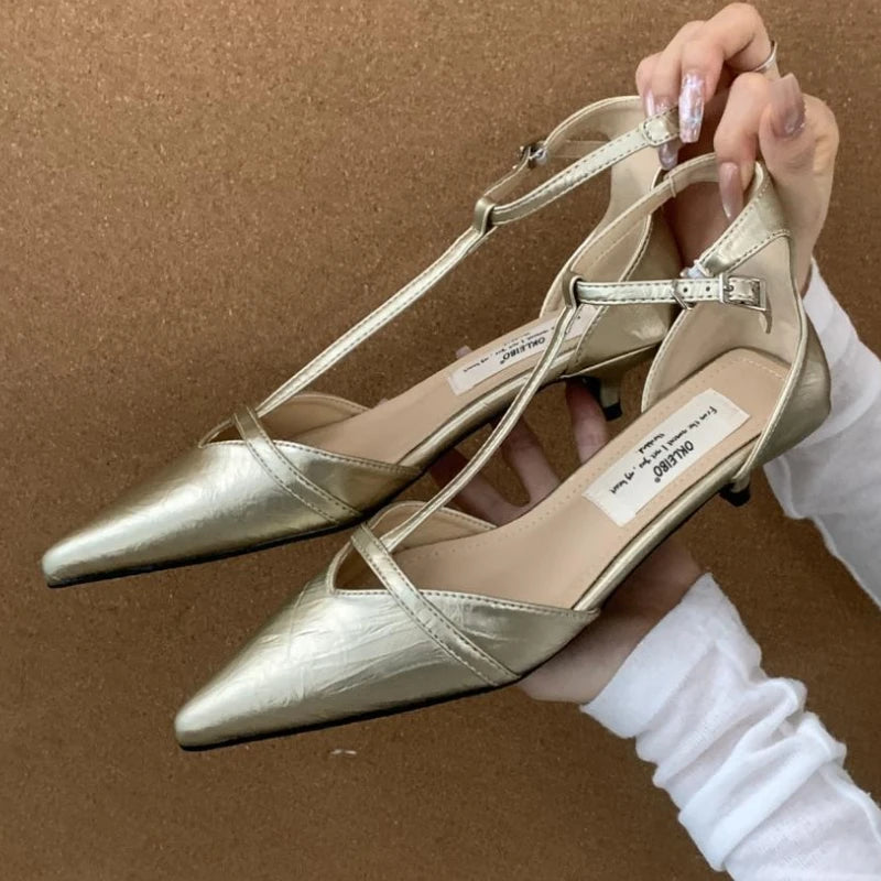 Fashion Pointed Toe Pumps Women Sandals Elegant Hollow Gold High Heels Ladies Footwear Summer New T-strap Sexy Office Women Shoe