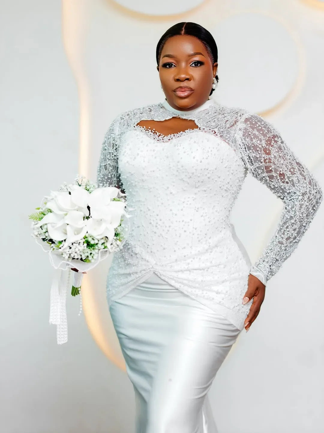 Luxury White Mermaid Bridal Dress Long Lace Beaded Sleeves High Neck Pearl African Wedding Dress Vestido De Novia Customized