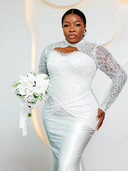 Luxury White Mermaid Bridal Dress Long Lace Beaded Sleeves High Neck Pearl African Wedding Dress Vestido De Novia Customized