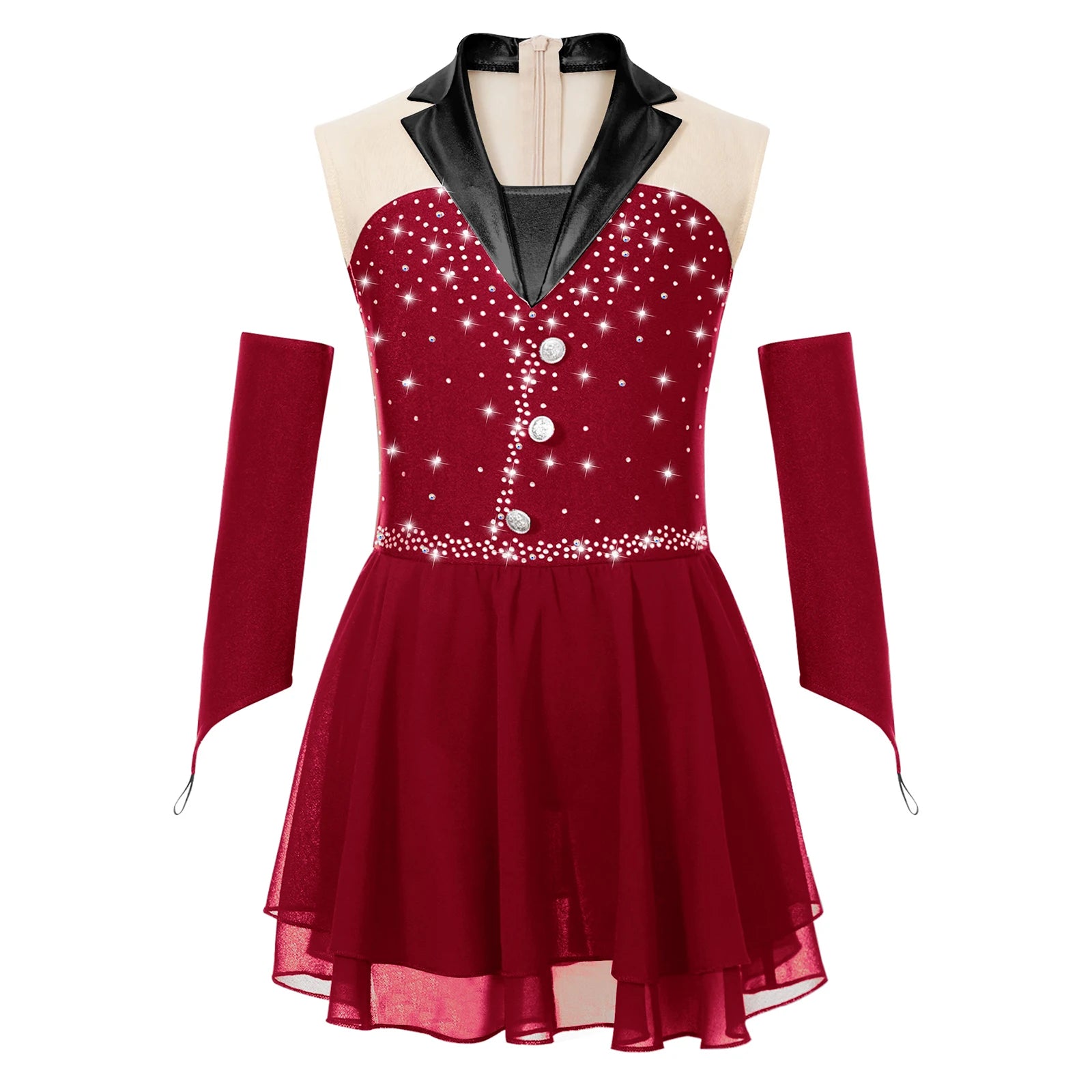 Kids Girls Shiny Ballet Skating Tuxedos Leotard Dress with Gloves Children Lyrical Dance Costumes Latin Cha-cha Stage Dancewear