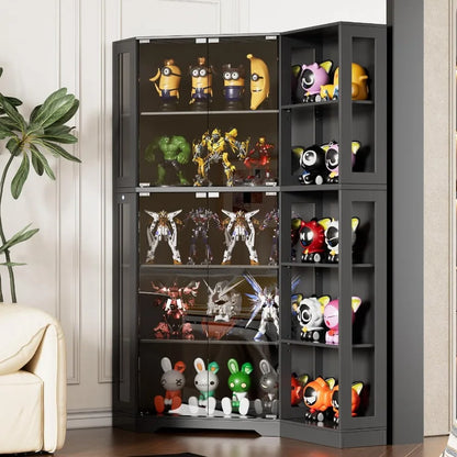 Corner display curio cabinet with glass doors and LED lights for collectibles storage in living room, black tempered glass and