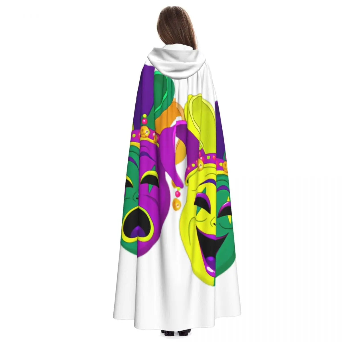 Mardi Gras Comedy And Tragedy Masks Cloak Hooded Cosplay Costume Halloween Adult Long Party Cape