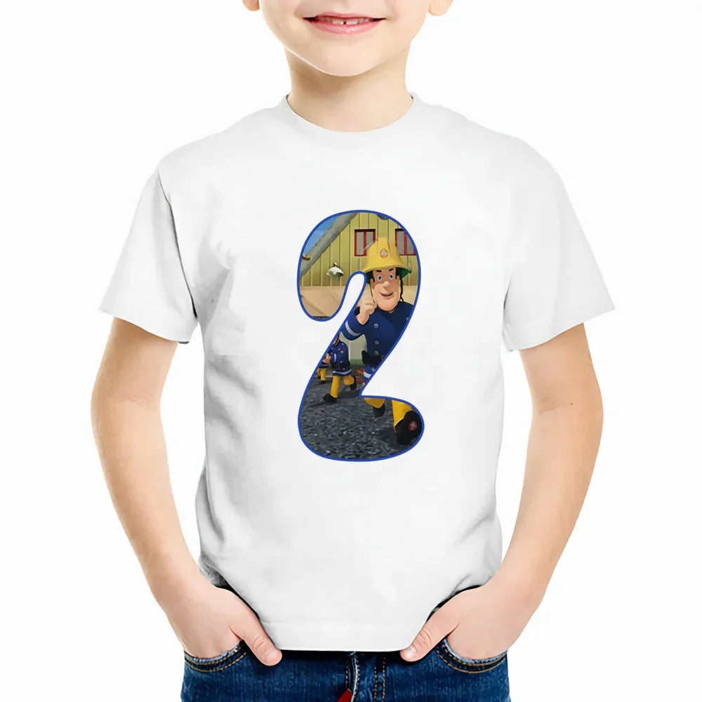 Baby Kids Cartoon Birthday Number 1-9 Print T Shirt Fireman Sam Children T-shirts Boys Girls Funny Gift Summer Clothes,YKP022