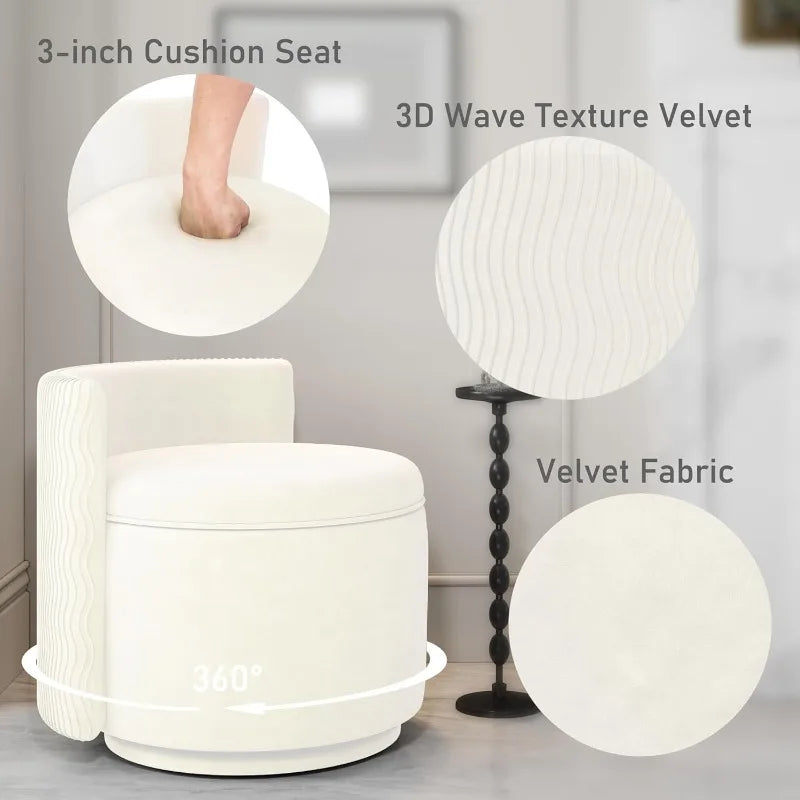 360° Swivel Accent Chair with Storage, Vanity Stool Back,Velvet Storage Ottoman,Upholstered Round Barrel Vanity Chair(Off White)