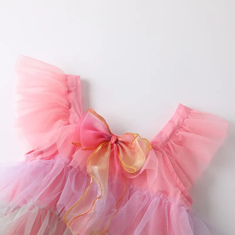 Girls' Dress 2025 Summer Fashion Children's Clothes Princess Rainbow Pink Cake multi-layer Gauze Baby Girl Birthday Party Dress
