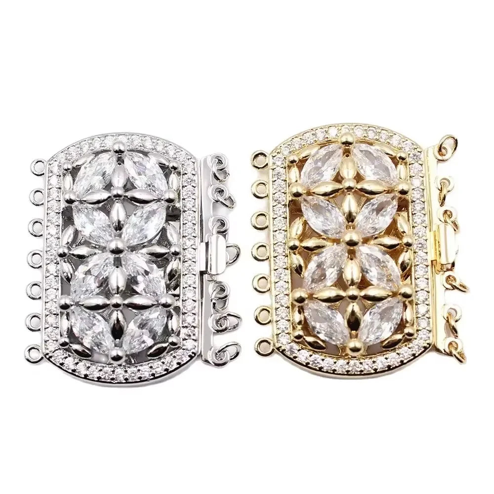 33x42mm 1 Pcs 7 Rows Rectangle Clear Crystal Copper CZ Gold Plated Clasp For Pearl Necklace Bracelet Making DIY Craft Accessorie