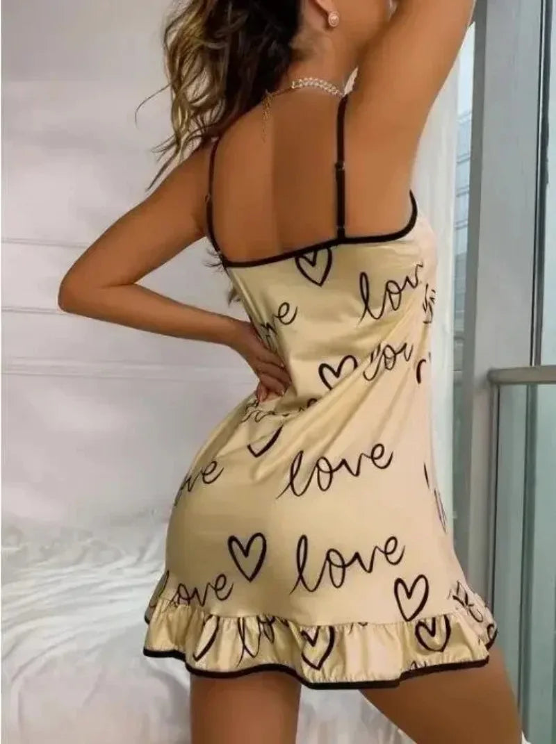 Milk Silk Heart Print Sleepwear Women Pajamas Nightgown V Neck Sexy Lingerie Dress Spaghetti Strap Nightwear Nighties