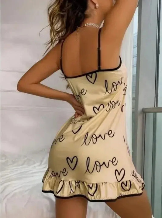 Milk Silk Heart Print Sleepwear Women Pajamas Nightgown V Neck Sexy Lingerie Dress Spaghetti Strap Nightwear Nighties